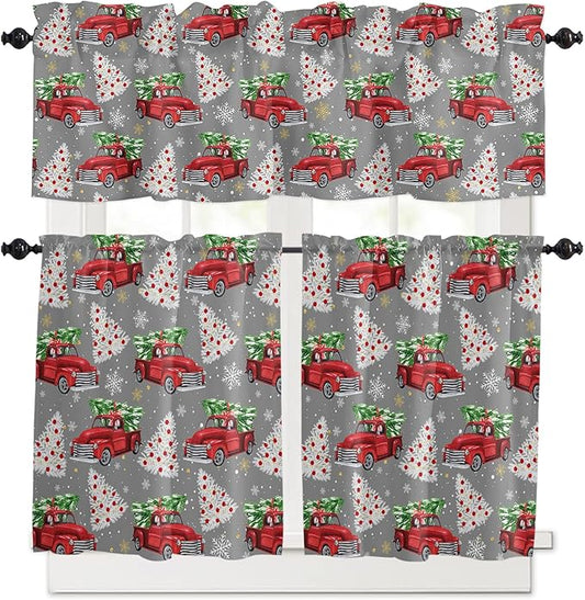 Red Truck Christmas Kitchen Curtains and Valances Set, Merry Christmas Tree Windows Treatments Tiers Half/Short Curtains for Small Windows Cafe /Living Room/ Bedroom 54x24 in Winter Snowflake Grey