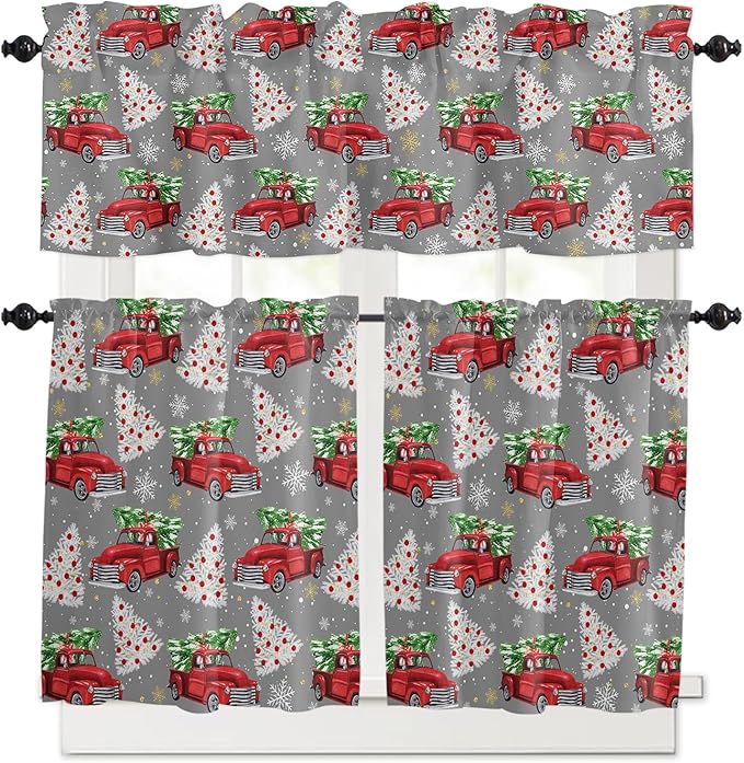 Red Truck Christmas Kitchen Curtains and Valances Set, Merry Christmas Tree Windows Treatments Tiers Half/Short Curtains for Small Windows Cafe /Living Room/ Bedroom 54x36 in Winter Snowflake Grey