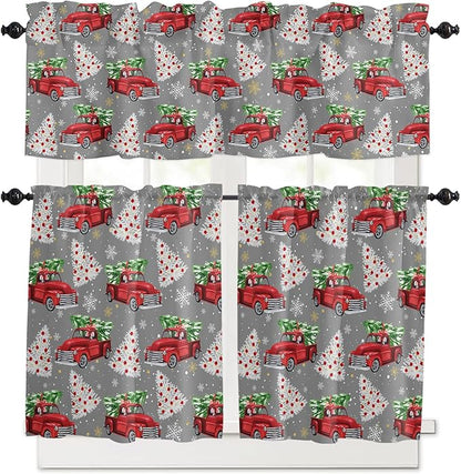 Red Truck Christmas Kitchen Curtains and Valances Set, Merry Christmas Tree Windows Treatments Tiers Half/Short Curtains for Small Windows Cafe /Living Room/ Bedroom 54x36 in Winter Snowflake Grey