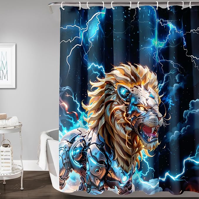 AILONEN Lion Shower Curtain,Evening Lightning Howling Lion Bath Curtain,Fierce Lion Bathroom Curtain Decor,Safari Animal Polyester Waterproof 72" W*72" H Shower Curtain (12 Hooks)