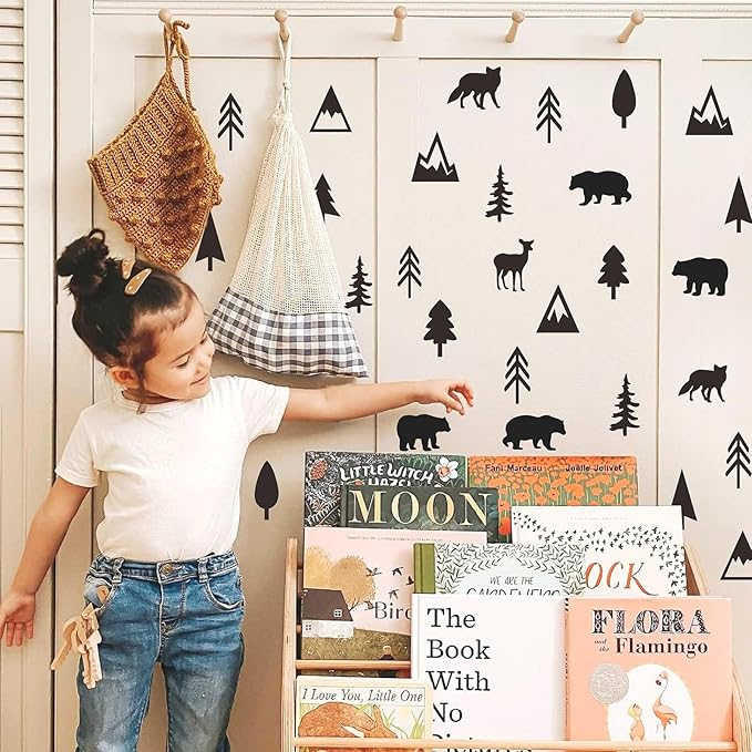 Woodland Animal Wall Stickers Small Pine Tree Wall Decals Vinyl Black Wall Decals Mountain Tree Animals Wall Stickers Jungle Deer Bear Fox Forest Wall Decals Woodland Nursery Kids Room Decor