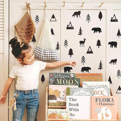 Woodland Animal Wall Stickers Small Pine Tree Wall Decals Vinyl Black Wall Decals Mountain Tree Animals Wall Stickers Jungle Deer Bear Fox Forest Wall Decals Woodland Nursery Kids Room Decor