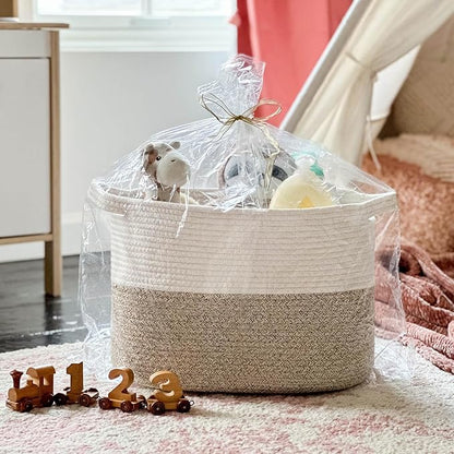 Goodpick Woven Storage Basket for Shelves, Cotton Rope Dog Toy Bin, Empty Gift Basket with Handles, Square Baskets for Storage, Brown and White Storage Bin, 13 x 10 x 9 Inches