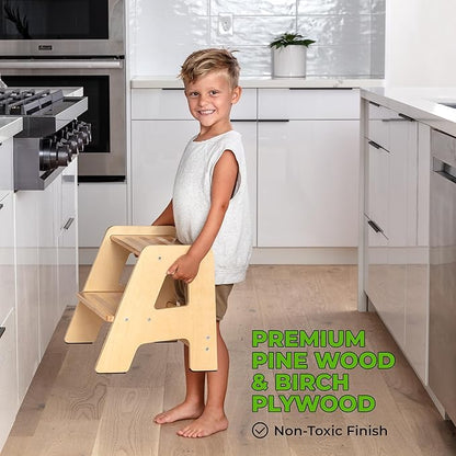 Wooden Step Stools for Kids - Sturdy, Non-Slip, Non-Tip Toddler Step Stool for Bathroom Sink for Your Little Girl or Boy - Varnished