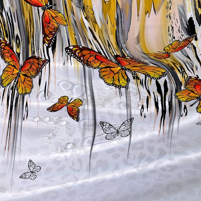 AILONEN Butterfly Shower Curtain for Bathroom Yellow Ink Fluid Painting Grey Leopard Bath Curtain 72" W*78" H Polyester Fabric Waterproof Bathroom Curtain with 12 Hooks