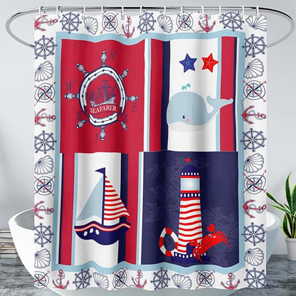 AILONEN Ocean Voyage Shower Curtain 72" W*78" H Coast Whale Lighthouse Rudder Ocean Animal Theme Bathroom Curtain,Teen Men Boys Curtain Polyester Waterproof Seafarer Bathroom Curtain with 12 Hooks