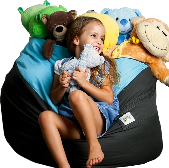 2 Sizes in 1 Stuffed Animal Storage Bean Bag Chair Cover for Kids & Adults | Washable XL Stuffie Seat | 100% Cotton | Pouf Organizer for Plush Toys, Linens, Quilts & Pillows | Blue Skies