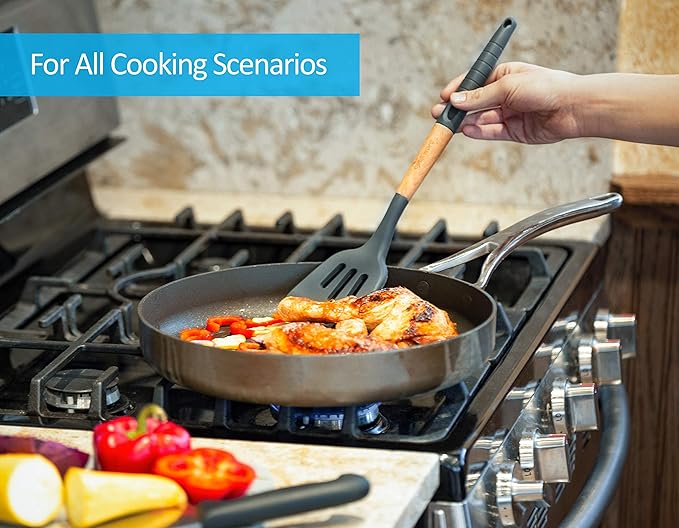 Silicone Cooking Utensils Set (6 pcs) Natural Wood Kitchen Utensils – Eco Friendly & BPA Free, Non-Scratch & Non-Stick Easy Grip -Black