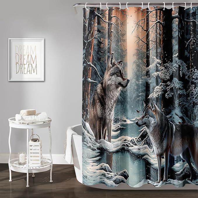 AILONEN Snow Wolf Shower Curtain 72" W*96" H for Boys,Winter Wild Animal Wolf Bathroom Decor,Safari Animal Wolf Printed Bath Curtain Waterproof Bath Curtain with Grommets and 12 Hooks