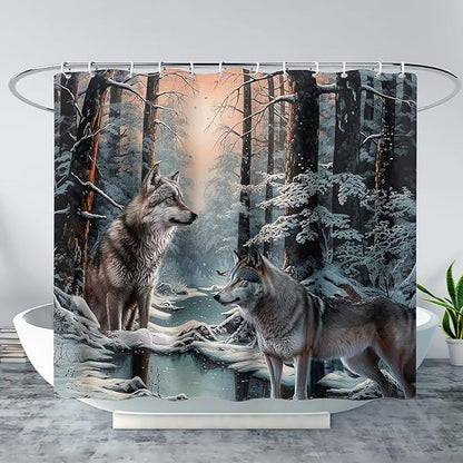 AILONEN Snow Wolf Shower Curtain 36" W*72" H for Boys,Winter Wild Animal Wolf Bathroom Decor,Safari Animal Wolf Printed Bath Curtain Waterproof Bath Curtain with Grommets and 12 Hooks