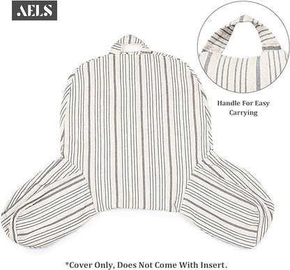 AELS Large Reading Pillow Replacement Cover with Arms and Pockets, 18" Beige with Gray Stripes Textured Linen Backrest Pillow Cover Fits Standard Size Pillows (Cover ONLY)