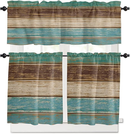 Kitchen Curtains and Valances Set,Rustic Farmhouse Window Treatments Tiers Retro Wood Teal Green Brown Semi Sheer Half/Short Curtains for Small Windows Cafe /Living Room/ Bedroom 54x36 in, 3-Piece