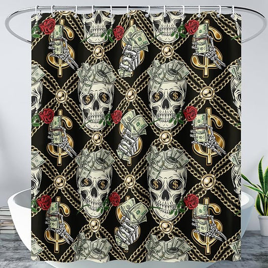 AILONEN Skull Shower Curtain for Boys,Gold Money Skeleton Bath Curtain for Decor,Luxurious Skull Print Shower Curtain with 12 Plastic Hooks,Waterproof 48" W*72" H