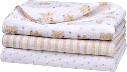3 Pack Cotton Muslin Swaddle Blankets for Baby, 40" x 36", Lightweight, Breathable, Tan, (Little Me Bingle Bear)