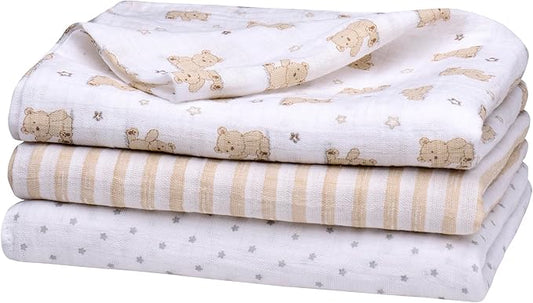 3 Pack Cotton Muslin Swaddle Blankets for Baby, 40" x 36", Lightweight, Breathable, Tan, (Little Me Bingle Bear)