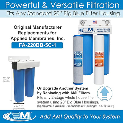 APPLIED MEMBRANES INC. Whole House Water Filter Replacement Filter Cartridge Set | 2 Stage 4.5” x 20” Sediment and Carbon Block Filters | Fits 20-inch Housings