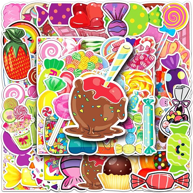 50pcs Cartoon Waterproof Stickers for Laptop, Phone, Bottle, Suitcase, Scrapbook, Candy Stickers,Ice Cream Candy,Cute Food Stickers,Kawaii Stickers,Cookie Stickers (Stickers F)