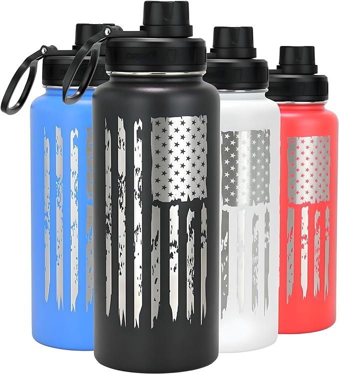 DRINCO Stainless Steel Water Bottle Spout Lid Vacuum Insulated Double Wall Water Bottle Wide Mouth Leak Proof Keep Cold Sport Camping (USA Flag) (32oz Black USA Flag, 32oz)
