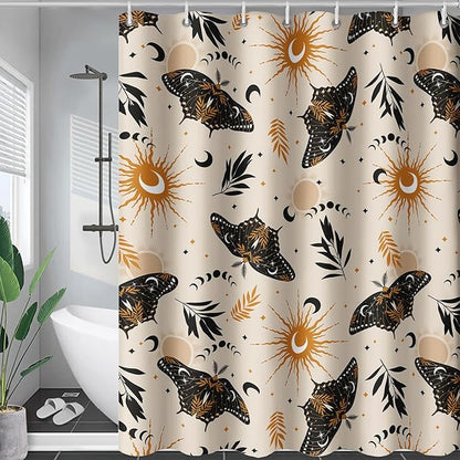 AILONEN Moth Shower Curtain,Sun and Moon Death Moth Bath Curtain for Bathroom Decor,Polyester Waterproof with 12 Plastic Hooks 72" W*84" H