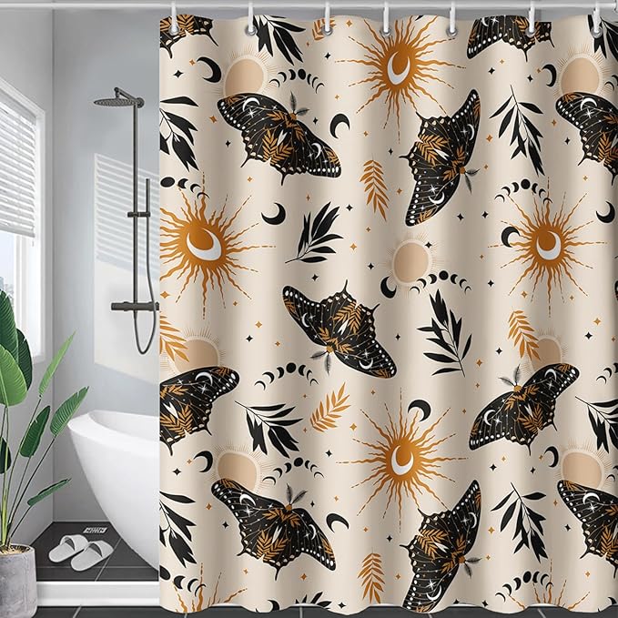 AILONEN Moth Shower Curtain,Sun and Moon Death Moth Bath Curtain for Bathroom Decor,Polyester Waterproof with Plastic Hooks 36" W*72" H