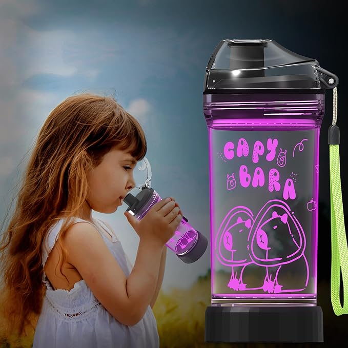 Ammonite Capybara Water Bottle with 3D Glowing LED Light - 14 OZ Tritan BPA Free - Creative Ideal Travel Cup Gift for School Kid Boy Girl Child Holiday Camping Picnic