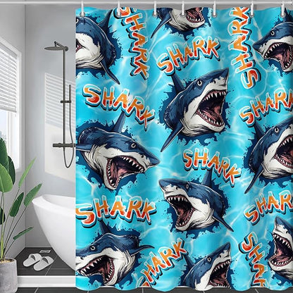 AILONEN Blue Shark Shower Curtain,Scream Shark Bath Curtain Gifts for Kids,Ocean Animal Polyester Waterproof with 12 Plastic Hooks, 72" W*78" H Blue