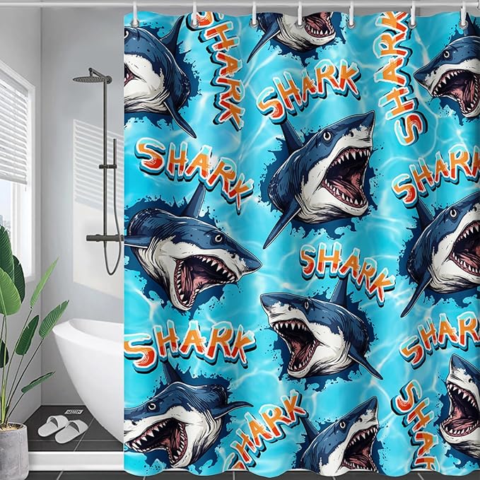 AILONEN Blue Shark Shower Curtain,Scream Shark Bath Curtain Gifts for Kids,Ocean Animal Polyester Waterproof with 12 Plastic Hooks, 60" W*72" H Blue