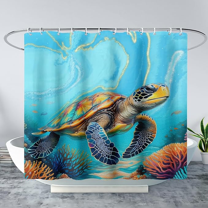 AILONEN Kawaii Sea Turtle Shower Curtain,3D Ocean Animal Themed Bath Curtain Cloth Fabric Bathroom 72" W*96" H Inch,12 Pack Hooks for Kids Child,Colorful Marble Style Bathroom Curtain