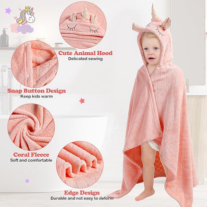 2 Pcs Toddler Hooded Bath Towel 50" x 32'' Thick Animal Hooded Towel for Kid Absorbent Baby Bath Towel Bathrobe Blanket for Boy Girls 0-5 Years(Pink, Green, Unicorn, Rabbit)
