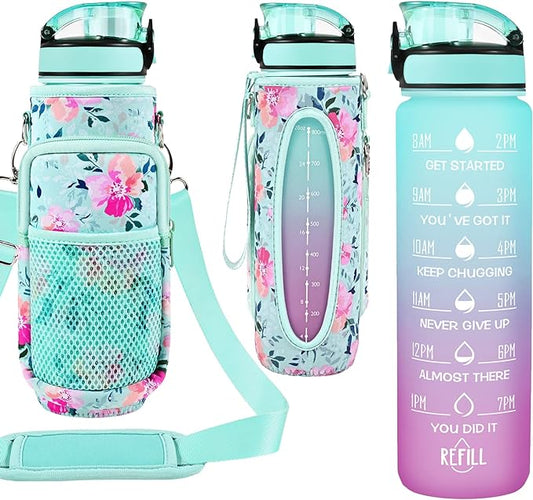 32 oz Water Bottle with Straw and Sleeve, Motivational Water Bottle with Time Marker and Adjustable Shoulder Strap, BPA Free Leakproof Sport Water Jug for Hiking, Gym