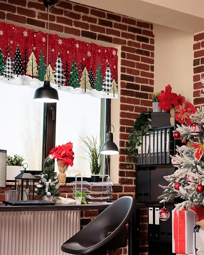 Red Merry Christmas Valance Curtains for Kitchen Windows Green Christmas Tree Rod Pocket Window Treatment Toppers for Kitchen/Living Room/Bedroom/Bathroom, 54" X 18", White Snow Forest Winter