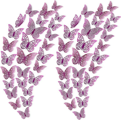 72Pcs 3D Butterfly Wall Decor 3 Sizes 3 Styles, Removable Butterfly Stickers Wall Decals, Butterfly Decorations Party Birthday Cake Decoration for Kids Nursery Wedding Bedroom Room(Purple)
