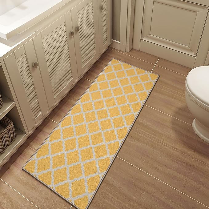 Machine Washable Moroccan Trellis Design Non-Slip Rubberback 2x5 Traditional Indoor Runner Rug for Hallway, Kitchen, Bedroom, Entryway, 20" x 59", Yellow