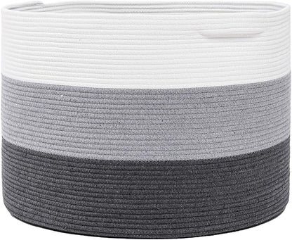 24" x 24" x 17" Max Size Large Cotton Rope Basket, Extra Large Storage Basket, Woven Laundry Hamper, Cloth Storage Bin, for Blankets Clothes Towels Pillows in Living Room, Grey/Dark Grey