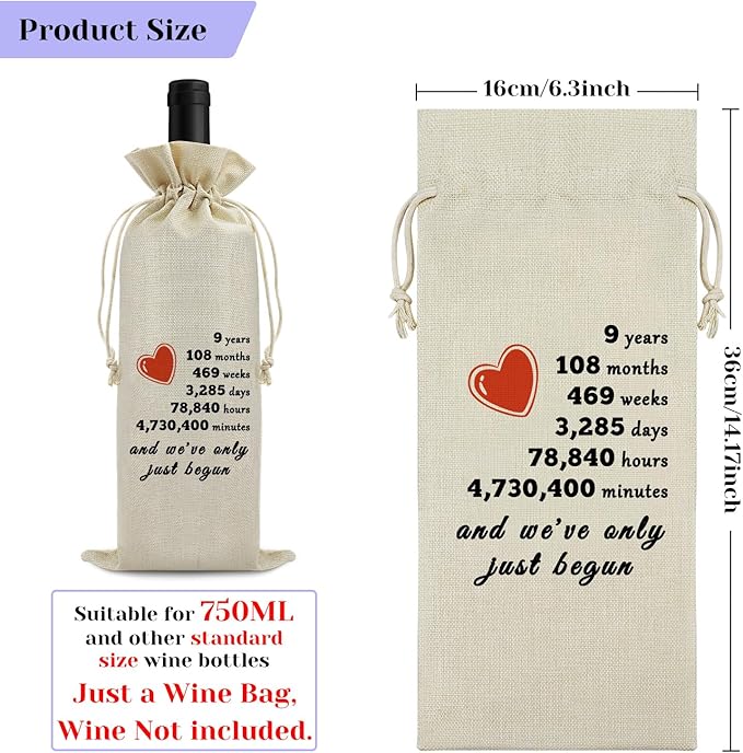 9th Anniversary Wine Bag for Him Her Nine Years Anniversary Wedding Gift for Husband Wife 9 Years Dating Anniversary for Men Women 9 Years of Marriage Gift Birthday Christmas Gift Wine Gift Bag