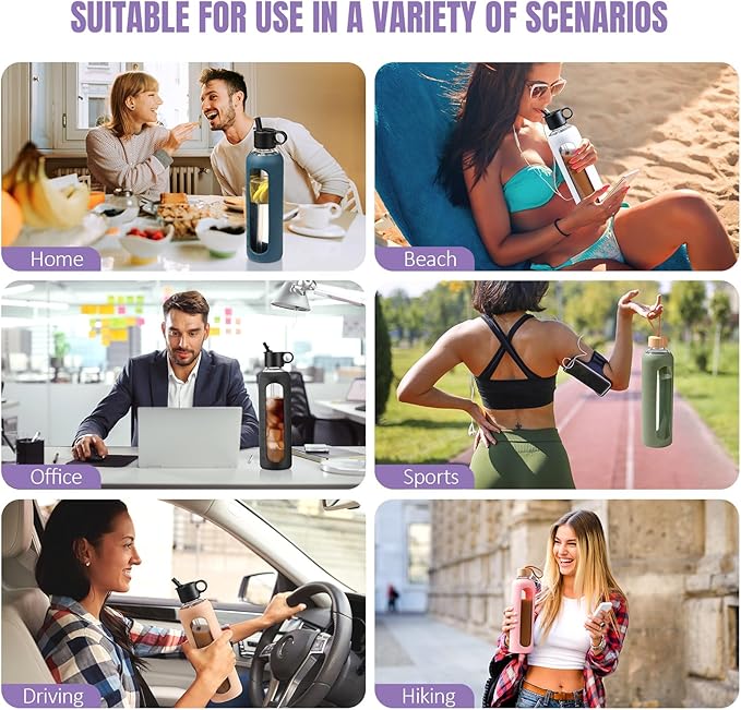 32oz Glass Water Bottle With 2 Lids-Flip Straw Lid, Bamboo Lid, Glass Water Bottle With Silicone Sleeve, Motivational Time Marker, Glass Juice Bottle for Cold Drink,Purple