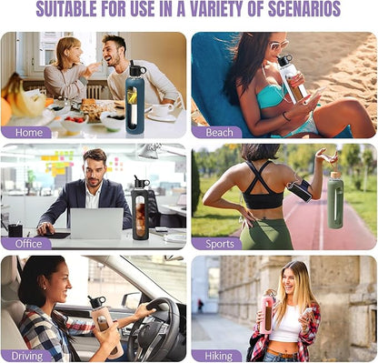 32oz Glass Water Bottle With 2 Lids-Flip Straw Lid, Bamboo Lid, Glass Water Bottle With Silicone Sleeve, Motivational Time Marker, Glass Juice Bottle for Cold Drink,Purple