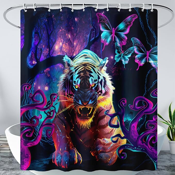 AILONEN 3D Tiger Shower Curtain for Bathroom,Purple Magic Forest Wildlife Printed Bath Curtain,Boys Roaring Tiger Decoration Shower Curtain Waterproof 36" W*72" H