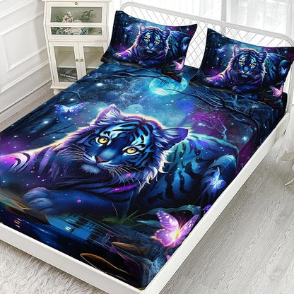 AILONEN Tiger Fitted Sheet Set Queen Size, Fairy Starry Forest Cute Tiger Sheet Wildlife Bed Sheet Set,3 Pieces Printed Fitted Sheet with 2 Pillowcases