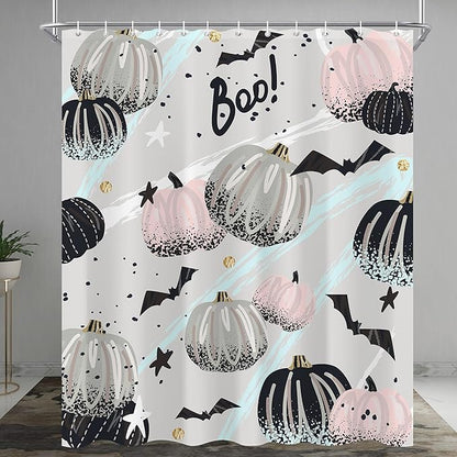 Abstract Halloween Pumpkin Shower Curtain 60"X72" Pink Grey Shower Curtain Set for Bathroom Spooky Bat Cute Cartoon Waterproof Bathtub Curtain Decor Kids Girls Fall Bathroom Curtain with Hooks