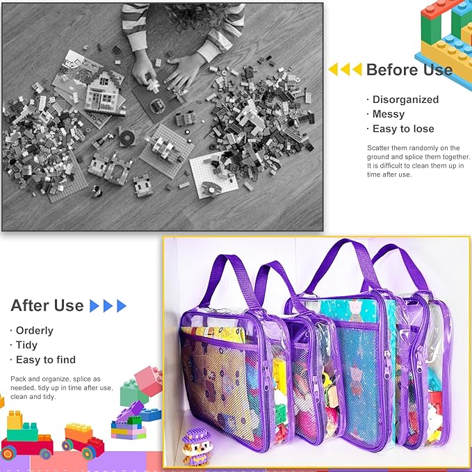 4 Packs PVC Toy Zippered Blocks, Travel Storage Case Bags for Organizing, Waterproof Toy Storage Bags with Mesh Pockets for Building Blocks, Puzzles, Clays,Toy Cars 13.3"Lx3" Wx10.4" H (Purple).