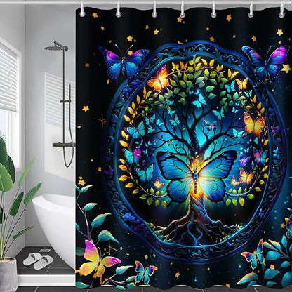 AILONEN Tree of Life Shower Curtain for Bathroom,Glowing Butterfly Starry Bath Curtain,Modern Tree Floral Print Curtain Decoration Waterproof with 12 Plastic Hooks for Boys Girls Adults 48" W*72" H