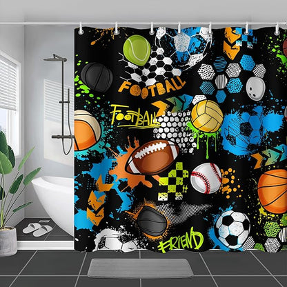 AILONEN Graffiti Sport Shower Curtain,Boys Graffiti Basketball Football Baseball Rugby Sport Bath Curtain Minimalist Bathroom Curtain 72" W*96" H Polyester Waterproof Bathroom Curtain with 12 Hooks