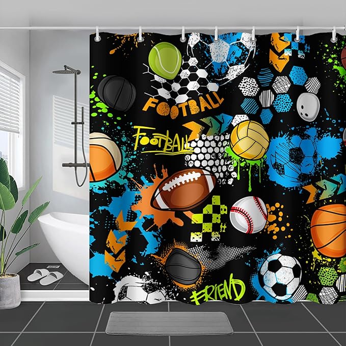 AILONEN Graffiti Sport Shower Curtain,Boys Graffiti Basketball Football Baseball Rugby Sport Bath Curtain Minimalist Bathroom Curtain 72" W*72" H Polyester Waterproof Bathroom Curtain with 12 Hooks