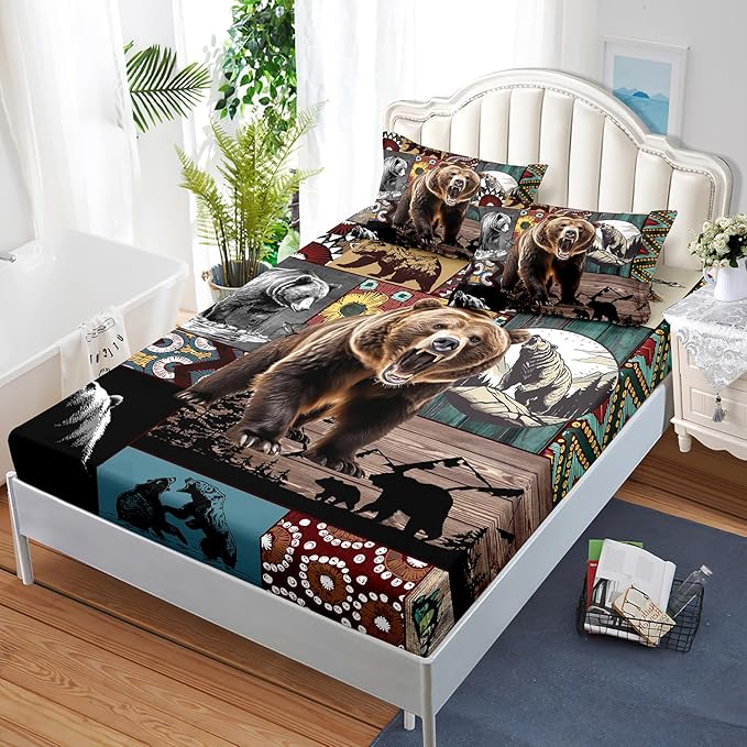 AILONEN Roaring Bear Fitted Sheet Set Full Size, Rustic Cabin Bed Sheet Set,Wildlife Bedding Grey Bear Plaid Sheet Set,3 Pieces Teen Men Boys Bed Sheet Set,1 Fitted Sheet with 2 Pillowcases