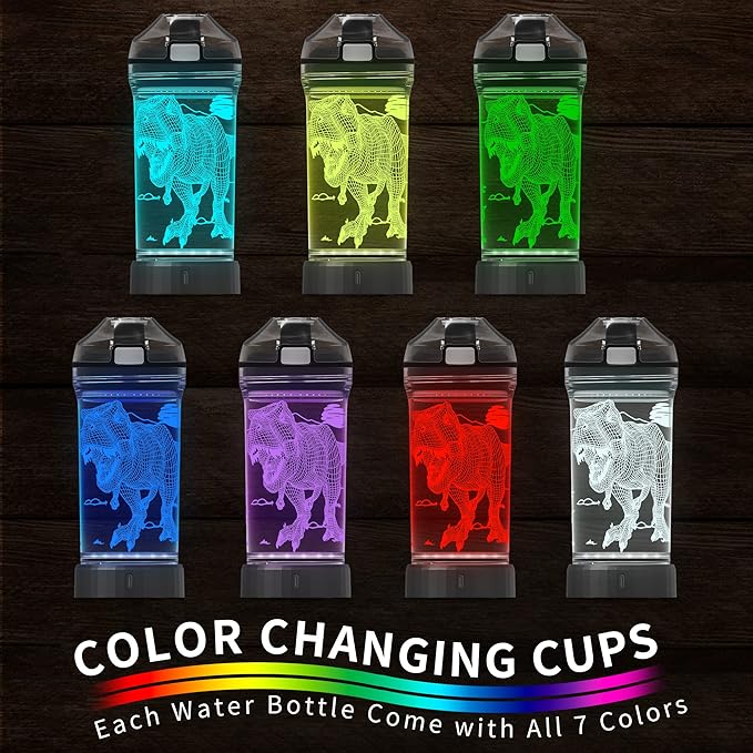 Boy Water Bottles for School, Cool Velociraptor Dinosaur Night Light for Room Decor, Tritan BPA Free Travel Cup for Back to School Girls Child Holiday Camping Picnic - 14 Oz