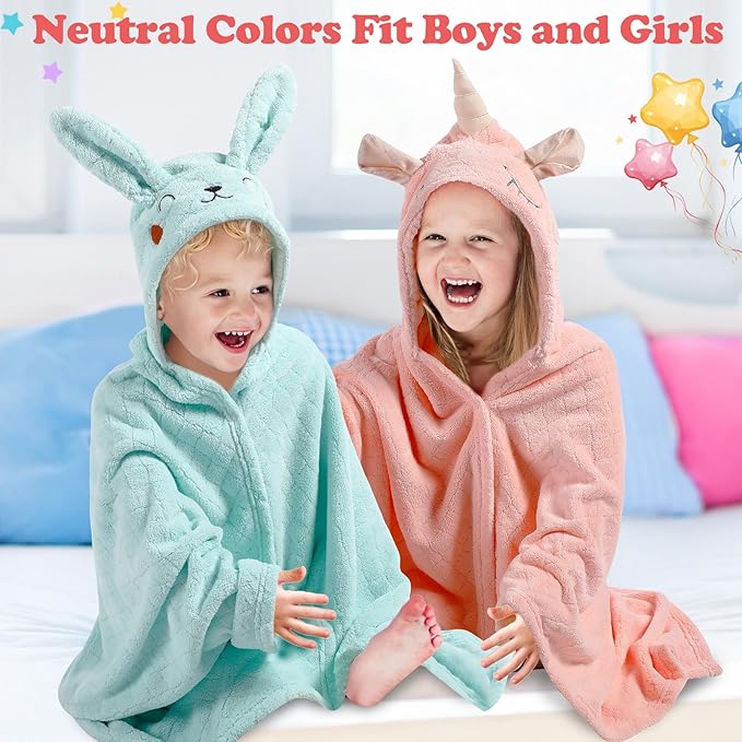 2 Pcs Toddler Hooded Bath Towel 50" x 32'' Thick Animal Hooded Towel for Kid Absorbent Baby Bath Towel Bathrobe Blanket for Boy Girls 0-5 Years(Pink, Green, Unicorn, Rabbit)