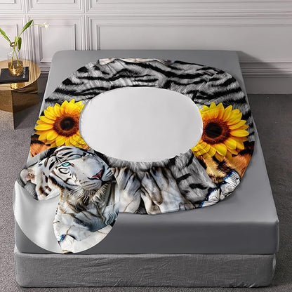 AILONEN Tiger Fitted Sheet Set Twin XL Size, 3 Pieces White Tiger Fur Printed Bed Sheet Set,Kids Boys Girls Sunflower Tiger Sheet Set,Butterfly Tiger Fitted Sheet with 2 Pillowcases