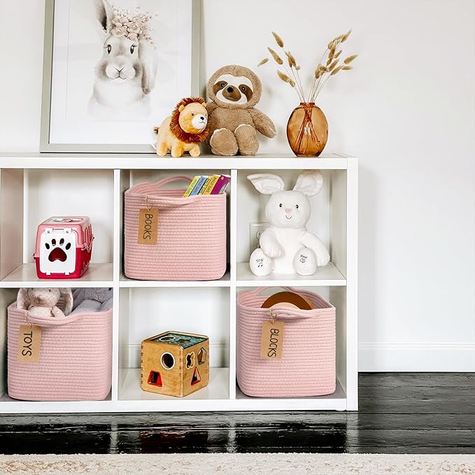 Goodpick Woven Storage Basket for Shelves, Small Baskets for Organizing, Rectangle Baby Nursery basket, Towel Baskets for Bathroom, Living Room, 13 x 10 x 9 Inches, Light Pink