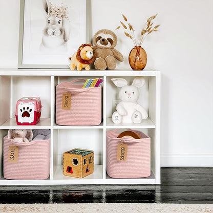 Goodpick Woven Storage Basket for Shelves, Small Baskets for Organizing, Rectangle Baby Nursery basket, Towel Baskets for Bathroom, Living Room, 13 x 10 x 9 Inches, Light Pink